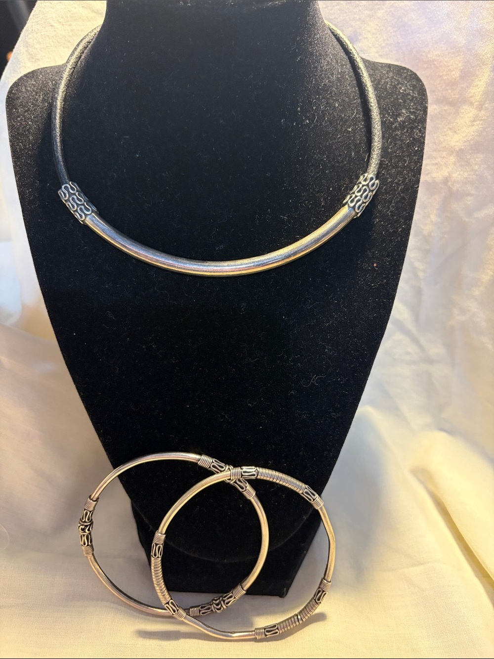 Sterling Silver Curved Collar Necklace with Matching Bangle Set - Silver